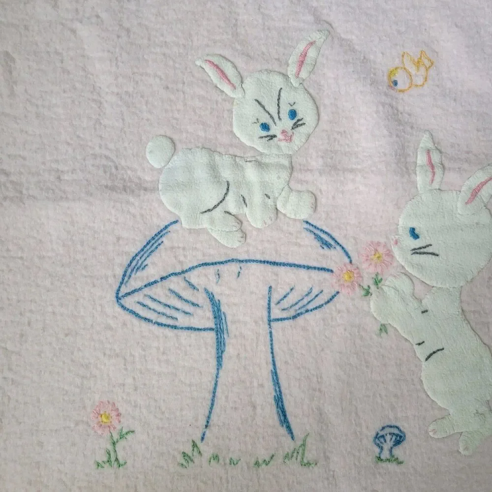 Vintage Pastel Pink Baby Blanket Applique Bunnies Mushroom Bird flower satin tri